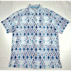 Tommy Bahama Mens Large Blue White Geometric‎ Diamond Cotton Silk Camp Shirt